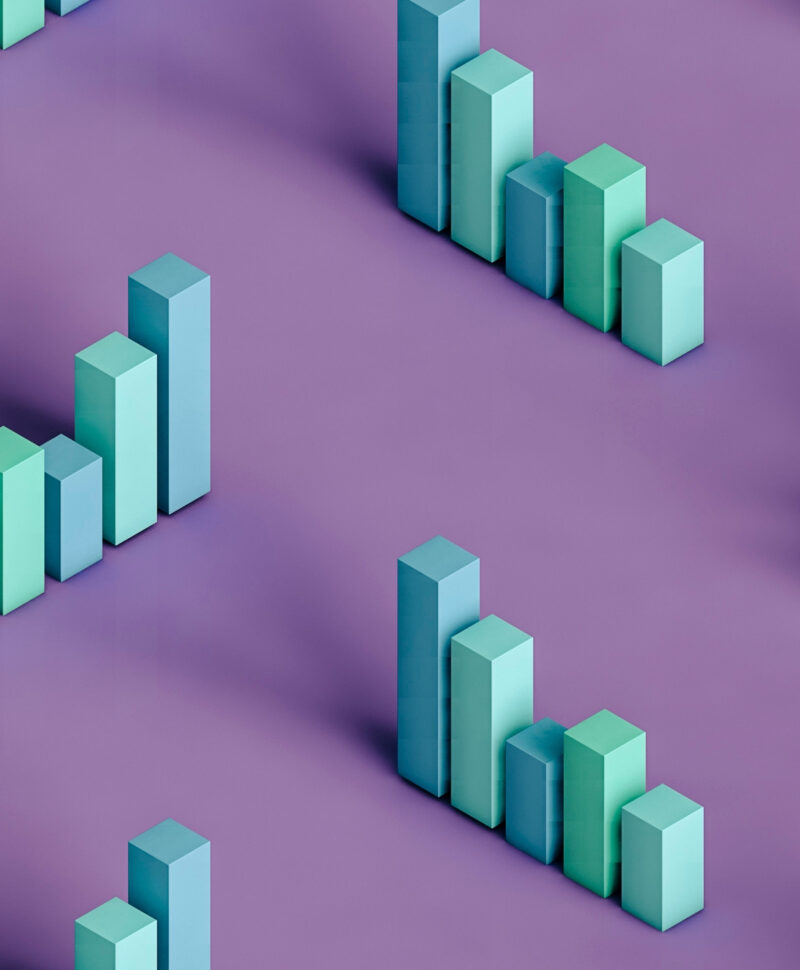 Three dimensional render of pastel coloured bar graphs on purple background